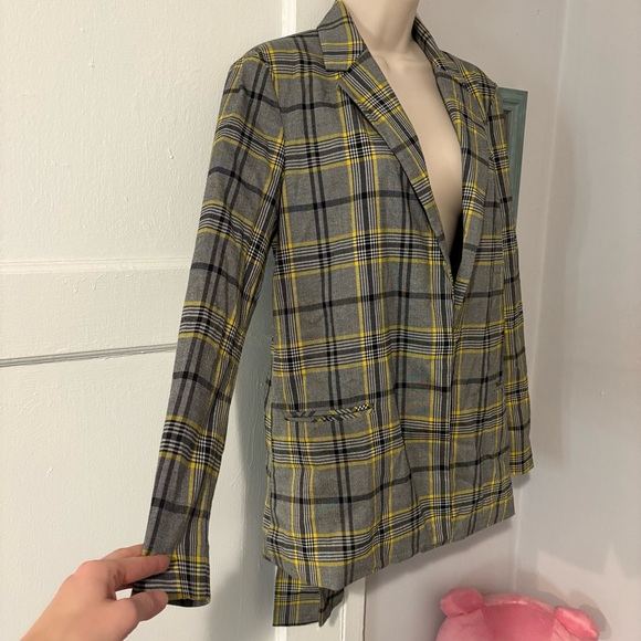 Ellen Tracy Yellow Grey Plaid Blazer Casual Trend Punk Grunge Belted - Picture 3 of 6